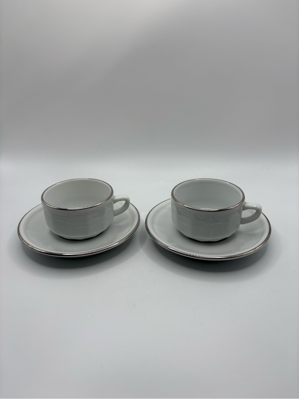 2 Apilco White Bistro Porcelain Espresso Cups & Saucers Silver Colour Trim